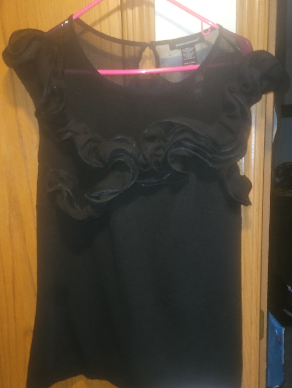 Ashley Stewart Black Sheer Ruffle Cap Sleeve Blouse